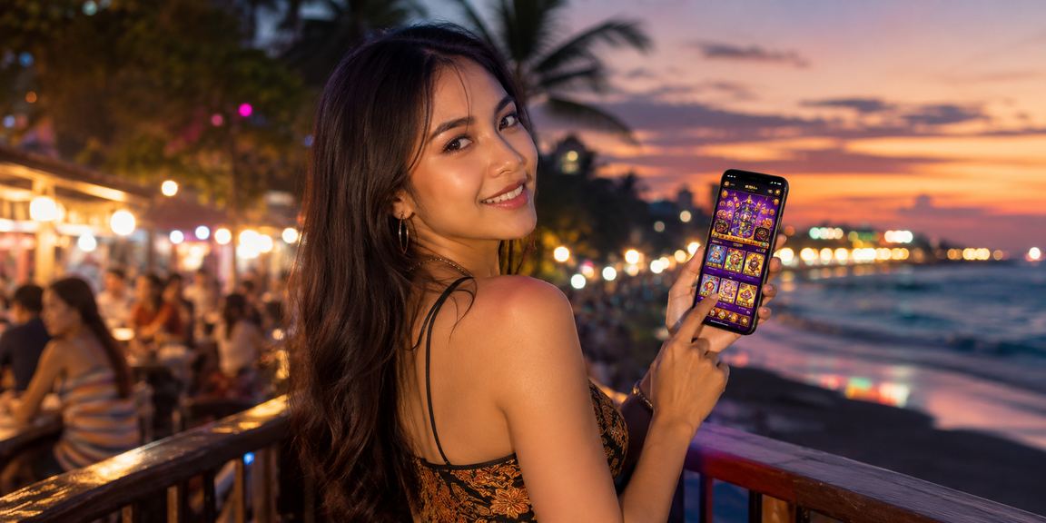 Pemain menikmati hiburan mobile casino di tepi pantai dengan suasana santai dan seimbang